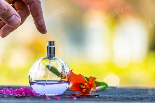 Visualização: Frasco de perfume com flores sobre fundo claro