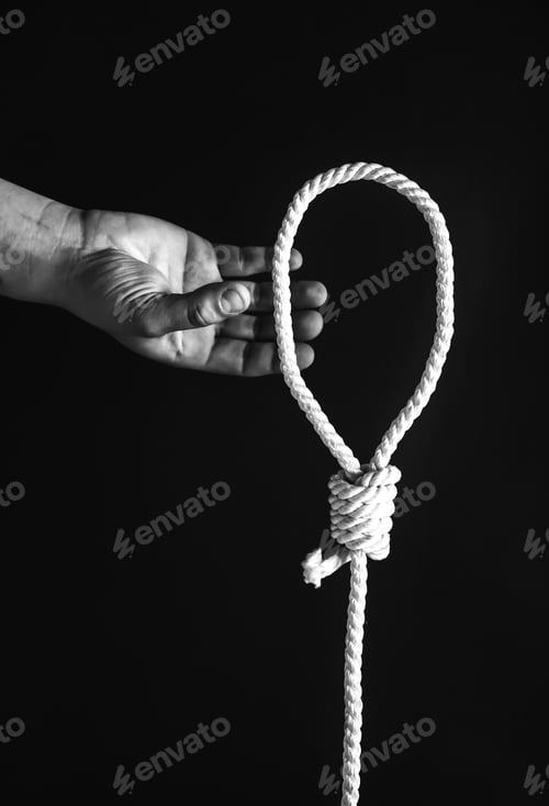 Preview: Hand Near The Noose On Black Background. Suicide Concept. Hanging Because Of Work Stress