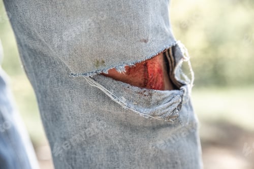 Preview: Knee With Bloody Wound Close Up. Torn Jeans