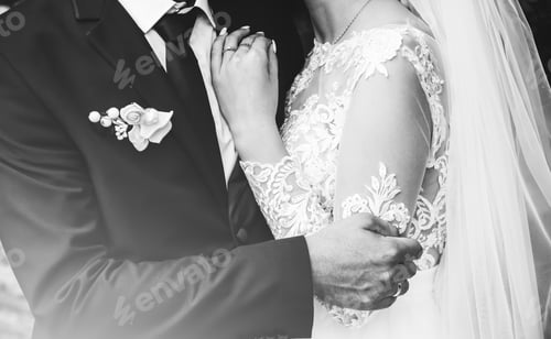 Preview: Groom And Bride Are Hugging. Happy Wedding Couple Photo. Romantic Photoshoot. White Dress With Long