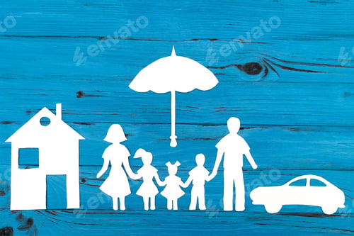 Preview: Closeup Of Happy Paper Family On Blue Background. Social Protection Concept