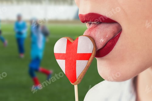 Preview: Closeup Photo Of The Woman Lips And Cookie Hearts With Flag Of England