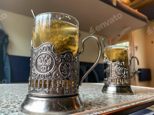 Preview: Classic Russian Tea Glasses Close Up In A Railroad Car