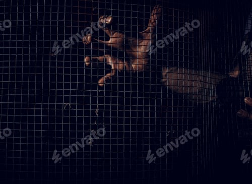 Preview: Male Hand Holding On Chain Link Fence For Freedom, Human Rights Day, Quarantine Concept. Stay At