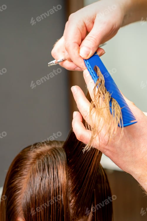 Preview: Hairdresser'S Hands With Comb And Scissors Cut Wet Female Hair In A Hair Salon