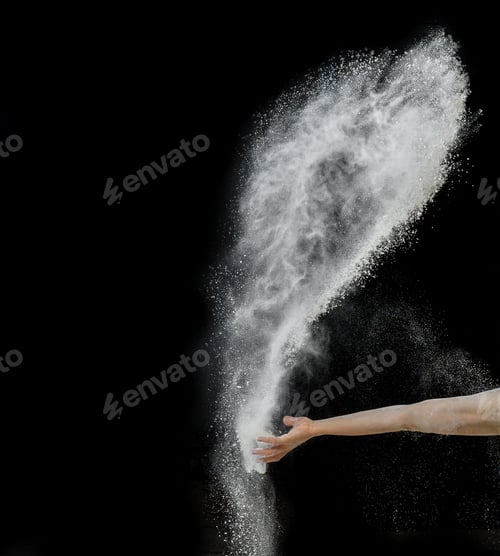 Preview: Baker'S Hand Throws A Handful Of White Wheat Flour On A Black Background, The Particles Fly In