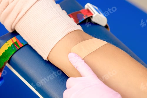 Preview: Doctor In Rubber Protective Gloves Glues An Adhesive Plaster On Arm After Blood Sampling.