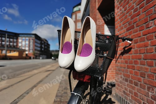 Preview: Bridal Shoes On Bicycle At Street Of Copenhagen, Denmark