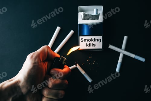 Preview: Smoking Kills Sign On The Pack Of Cigarettes. Dangerous Habit. Harmful For Health. Man Holds