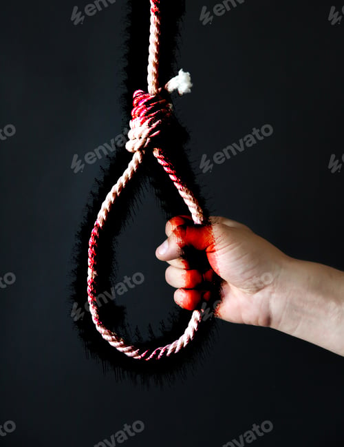 Preview: Hand Holding Noose In Blood. Suicide Concept. Hanging Because Of Work Stress. Depression Of