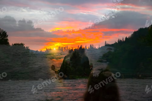 Preview: Girl Is Doing Yoga And Meditation In Mountains. Multiple Exposure Photo. Psychology Concept. Human