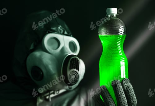 Preview: Man In The Gas Mask Holding Plastic Bottle With Dirty Water. Radiation Influence. Environmental