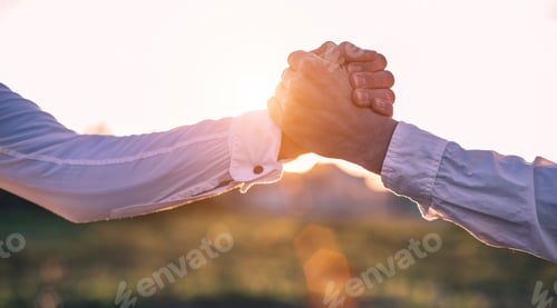 Preview: Business Handshake And Business People Concepts. Two Men Shaking Hands On Sunset Background.