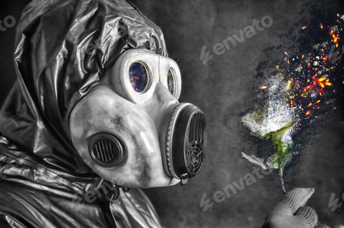 Preview: Man In The Gas Mask Holding A Burning Flower. Radiation Influence. Environmental Pollution