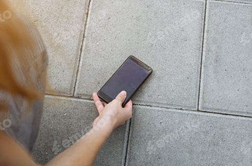 Preview: Woman Is Picking Up Broken Smartphone Lying On The Road Outdoors. Crashed Screen From The