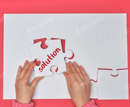 Preview: Female Hand Holding White Puzzle With The Word Solution, Process Of Closing The Missing Element