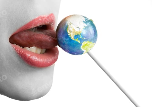 Preview: Woman Licking Lollipop As Earth Isolated On White