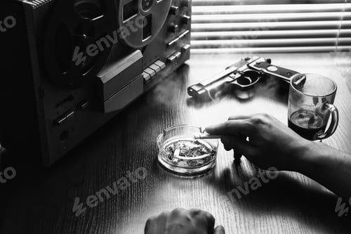 Preview: Special Agent Listens On The Reel Tape Recorder. Officer Is Smoking A Cigarette. Spying On