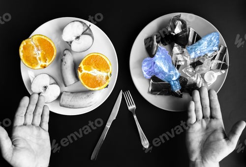 Preview: Plastic Bottles And Fruit On The Plate. Life Choice. People Eating Polluted Food. Environmental