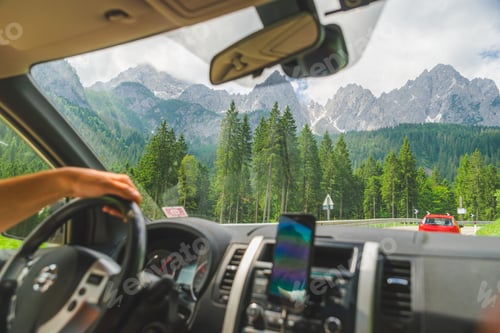 Preview: View From Car Inside Navigation On Phone Mountains On Background. Lifestyle.
