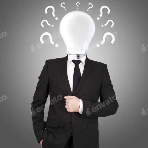 Preview: Businessman With Bulb Head Surrounded By Questions