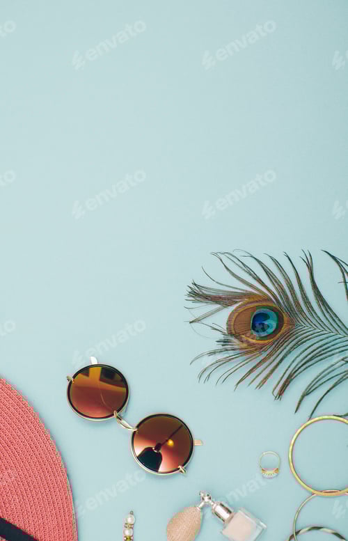 Preview: Stylish Accessories and Peacock Feather Flat Lay