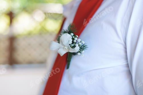 Preview: Man In White Shirt With Red Tie And Boutonniere