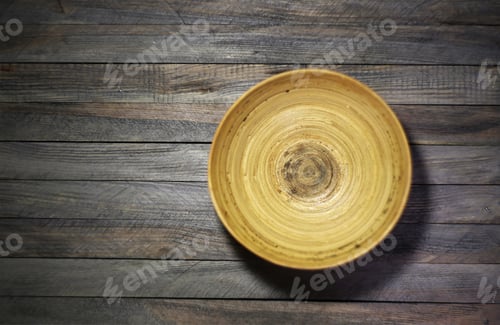 Preview: Empty Wooden Bowl On Gray Wooden Background Horizontal Photo