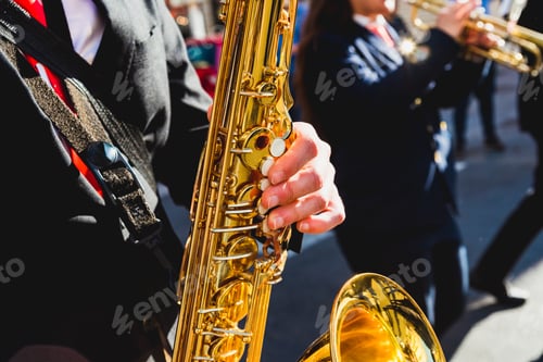 Preview: Saxophonist Fingers Playing A Piece During A Street Festival.