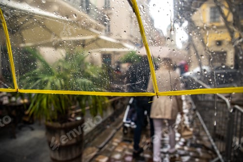 Preview: View From Umbrella Rainy City. Walking By Wet Streets