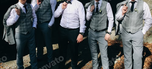 Preview: Groom Is Standing With His Friends In The Autumn Wood. Best Man In Stylish Elegant Checkered Suits