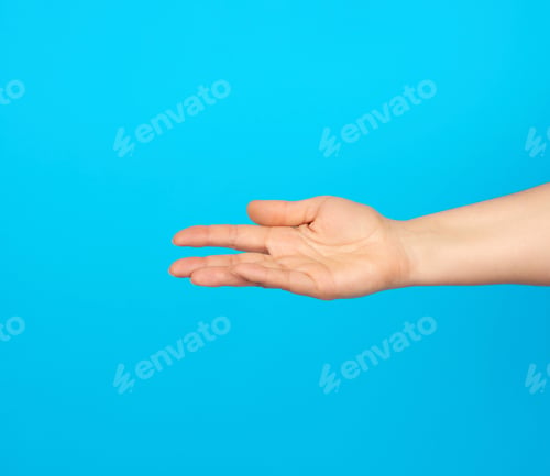 Preview: Hand Reaches To The Side, Gesture That Shows Holding The Item In The Palm, Blue Background