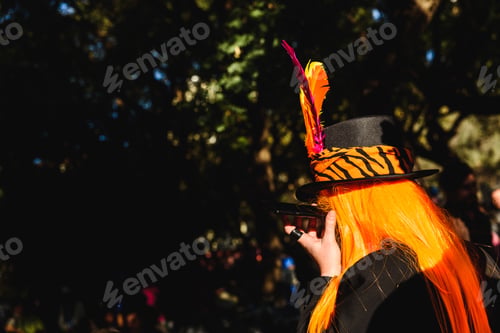 Preview: Girl Dressed Up In Colorful Wigs And Hat At A Carnival.