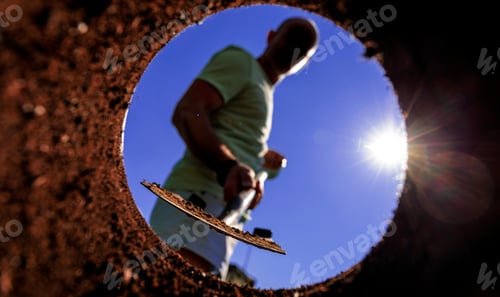 Preview: Gardener Digging With Garden Spade In Black Earth Soil. Farming, Gardening, Agriculture And People