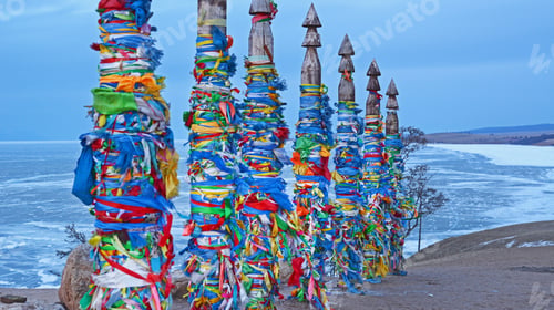Preview: Wooden Ritual Pillars With Colorful Ribbons On Olkhon Island, Lake Baikal, Khuzhir, Siberia, Russia