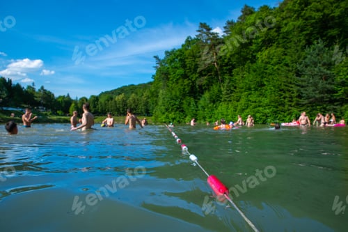 Preview: Swimming Borders Close Up. Safety On The Water. Blurred People On Background