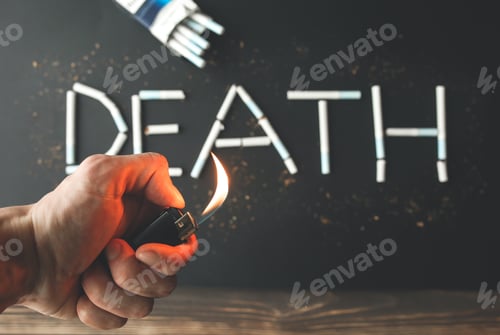 Preview: Death Sign From Cigarettes. Dangerous Habit. Harmful For Health. Man Holds Lighter In Hands.