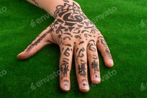 Preview: Hand With Tattoo On Green Grass