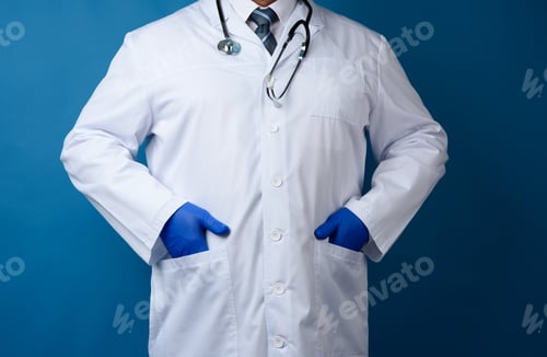 Preview: Medical Professional with Hands in Pockets, Blue Gloves
