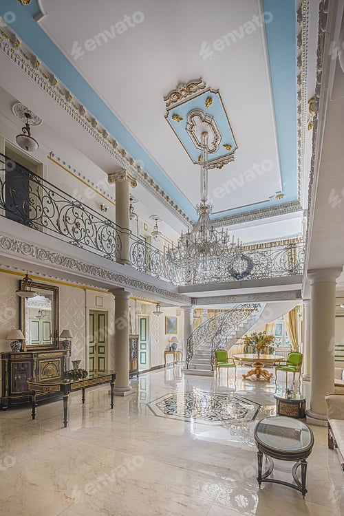 Preview: Luxury Lobby Interior. Staircase With Handmade Wrought Iron Railing