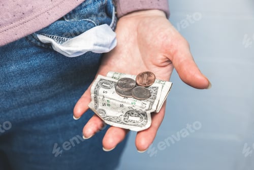 Preview: One Dollar And Petty Cash Only, Empty Pocket. No Money. Economy Crisis, Poverty, Unemployment