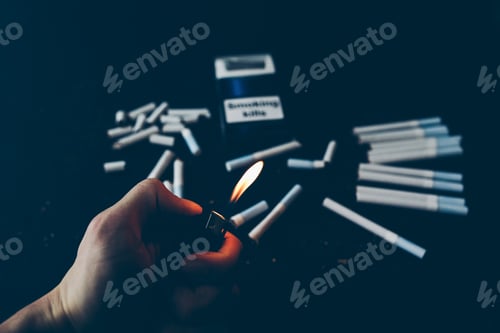Preview: Broken Cigarettes. Dangerous Habit. Harmful For Health. Smoking Stop. Man Holds Lighter In Hands.
