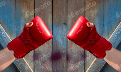 Preview: Two Female Hands In Red Boxing Gloves, Hands Are Opposite Each Other