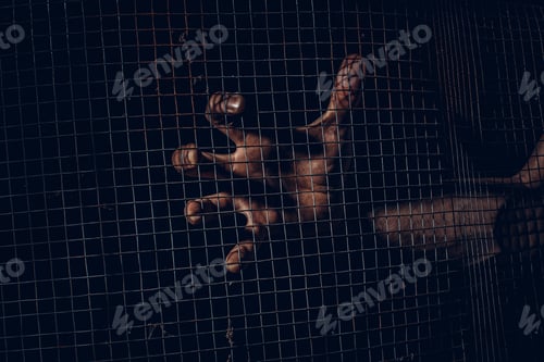 Preview: Male Hand Holding On Chain Link Fence For Freedom, Human Rights Day, Quarantine Concept. Stay At