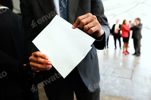 Preview: Businessman Hand Draws An Invitation From A White Envelope. Blank Template To Fill With Text