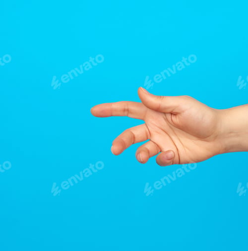 Preview: Hand Reaches To The Side, Gesture That Shows Holding The Item In The Palm, Blue Background