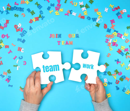 Preview: Women Hand Hold Large White Puzzles And The Inscription Join Our Team On A Blue Background, Concept