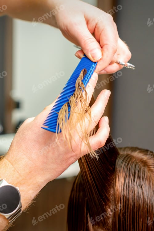 Preview: Hairdresser'S Hands With Comb And Scissors Cut Wet Female Hair In A Hair Salon