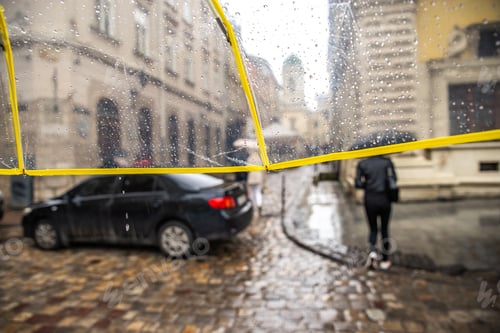 Preview: View From Umbrella Rainy City. Walking By Wet Streets