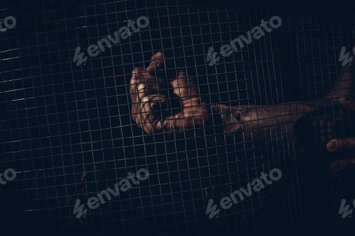 Preview: Male Hand Holding On Chain Link Fence For Freedom, Human Rights Day, Quarantine Concept. Stay At